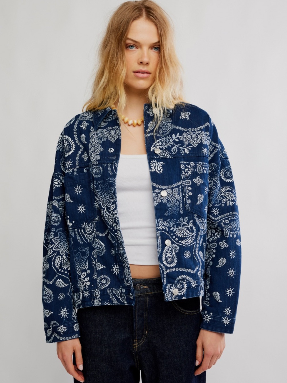 We The Free Opal Swing Bandana Jacquard Print Navy Printed Denim Jacket S NWT